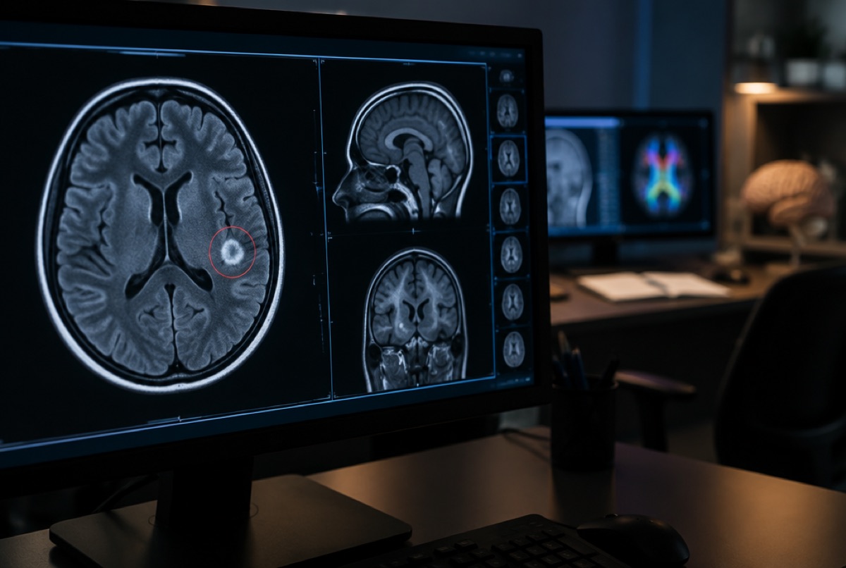 Brain MRI on a reading-room monitor with one area marked
