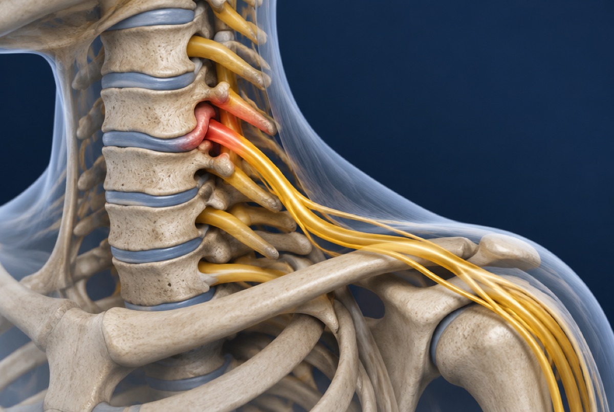 Schematic of a cervical nerve root irritated near the neck and shoulder