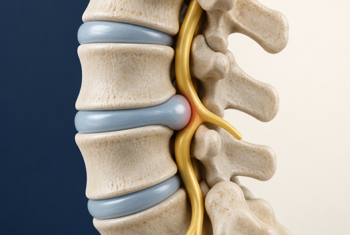 Schematic of a lumbar disc pressing on a spinal nerve root