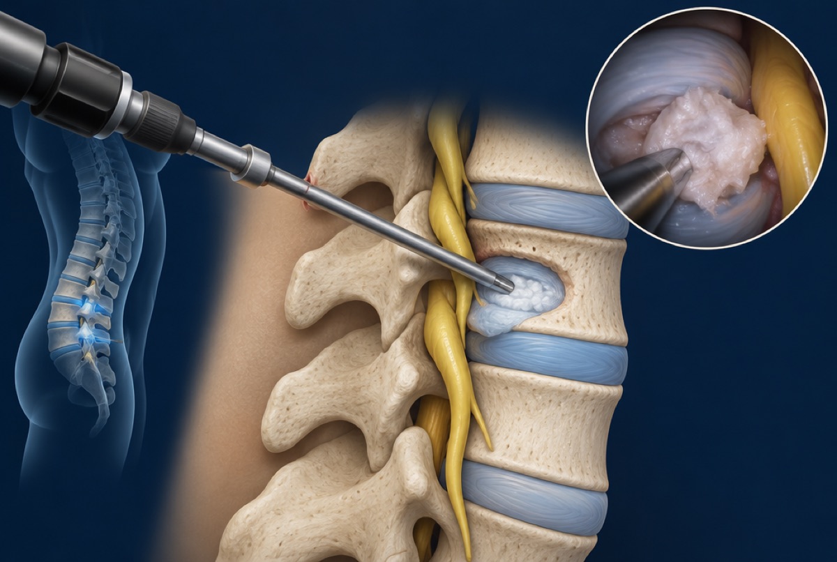 Illustration of an endoscope reaching a lumbar disc