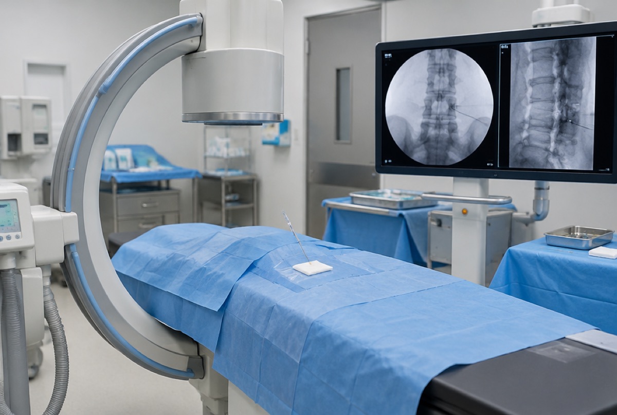 Fluoroscopy suite with C-arm and spine X-ray monitor