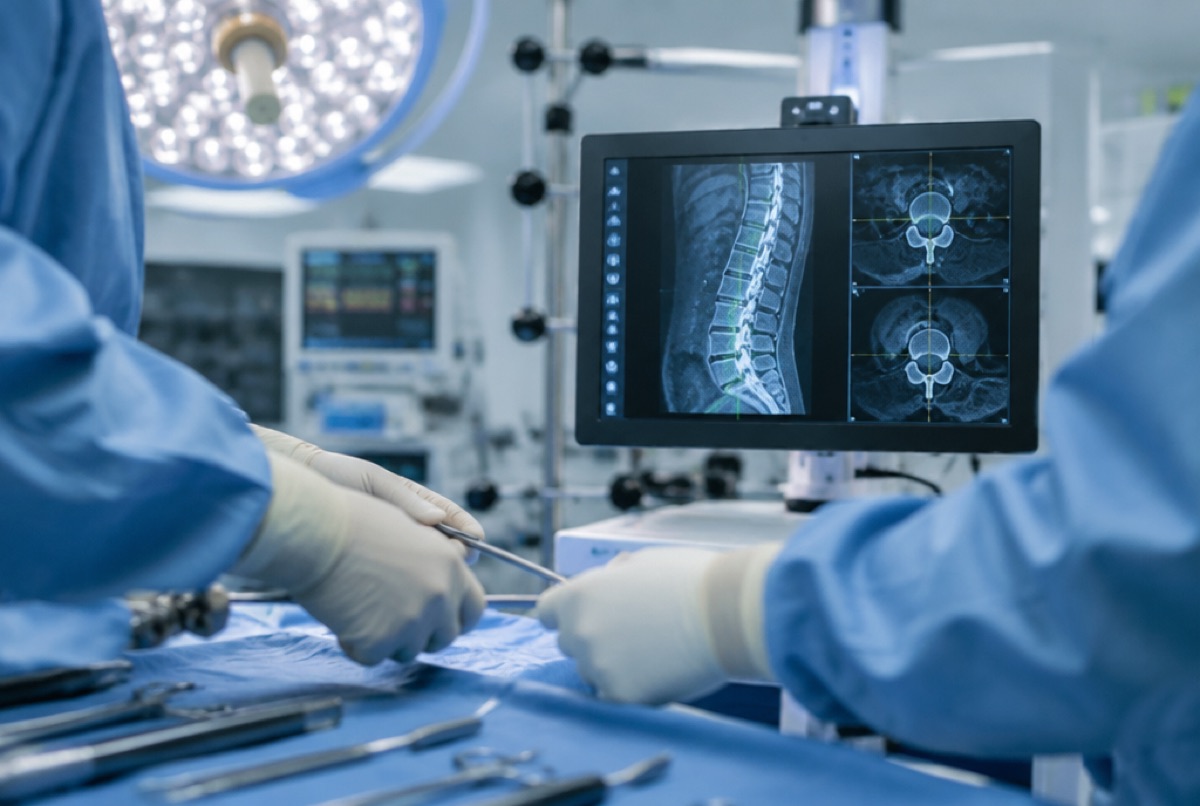 Operating theatre with a spine scan on the screen
