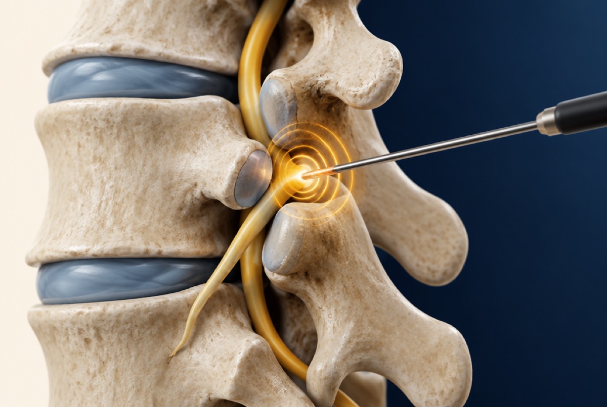 Illustration of a probe at a spinal facet joint nerve