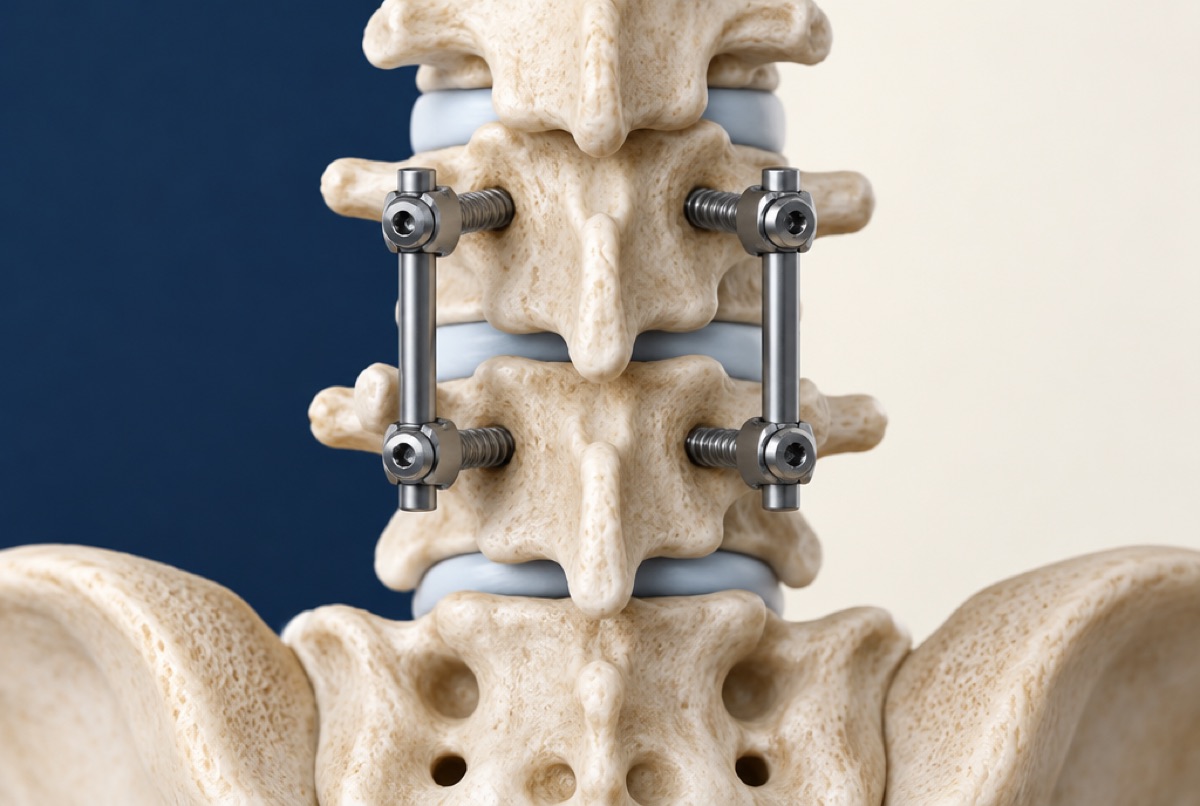 Illustration of pedicle screws and rods across two lumbar segments